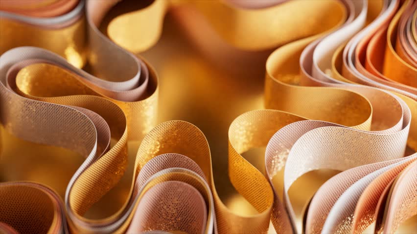 Golden, silver, and bronze metallic ribbons create a mesmerizing abstract pattern, their curves and folds intertwining to form a dynamic visual texture. 3D Illustration