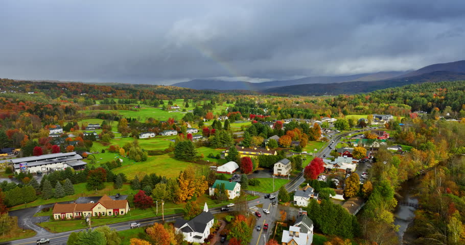 Lovely scenery of Vermont, New England, USA. Beautiful city in autumn season from top view.