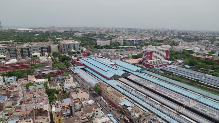 chennai central railway station chennai suburban terminal with rajiv gandhi government general hospital in periament, kannappar thidal, chennai, tamil nadu. daytime push in drone shot