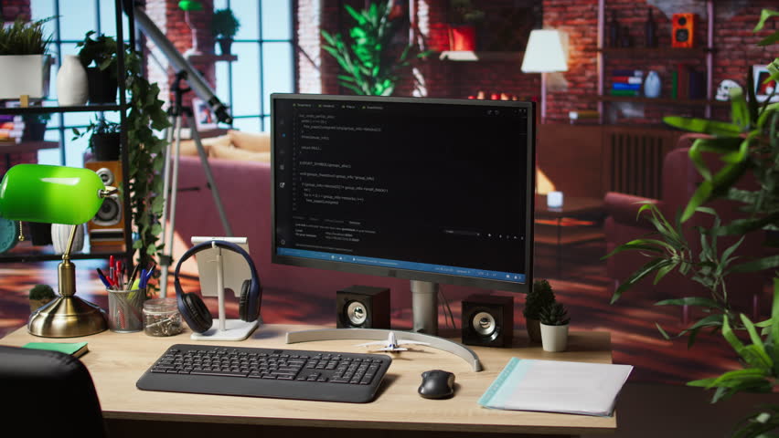 Programming language code editor software UI on computer display in home workspace, jib down shot. Lines of code displayed on PC monitor used to power digital software apps