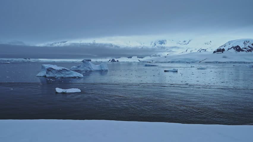 Winter Ocean Seascape in Antarctica Iceberg Mountains and Sea, Beautiful Dramatic Dark Moody Blue Coastal Landscape on Antarctic Peninsula Coast, Icy Winter Sea Scene with Ice