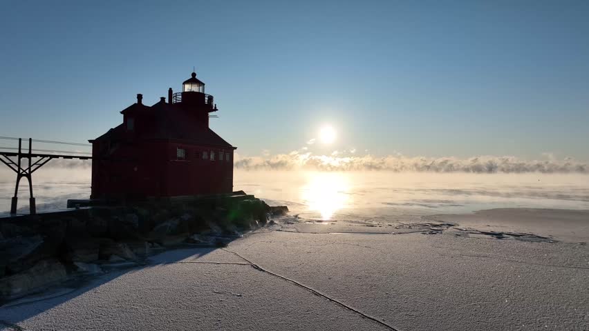 Sturgeon Bay pierhead lighthouse on a frigid Great Lakes morning in Door County Wisconsin.