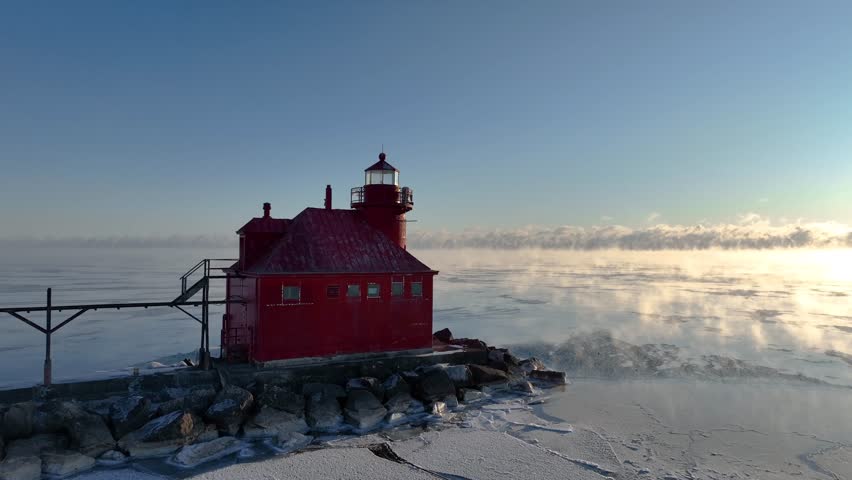Sturgeon Bay pierhead lighthouse on a frigid Great Lakes morning in Door County Wisconsin.
