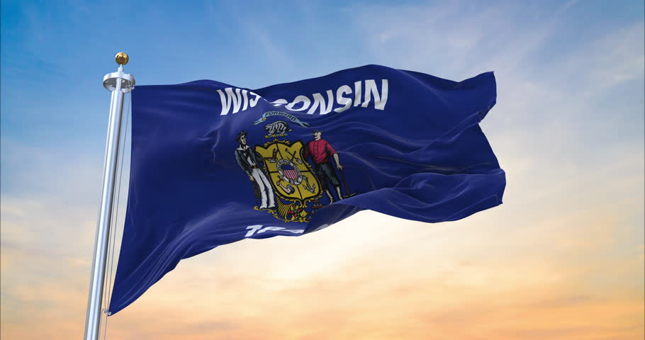 Flag of Wisconsin US State realistic waving in the wind with sundown background (Perfect Loop)