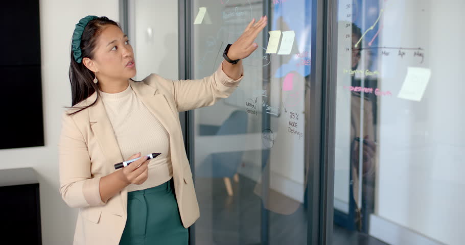 Presenting data, woman pointing at glass board with charts in modern office. Business, presentation, graphs, analysis, teamwork, strategy