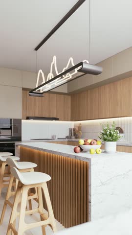 A modern kitchen featuring a marble countertop, wooden accents, a bowl of apples, and a decorative plant on the island. 3d rendering.