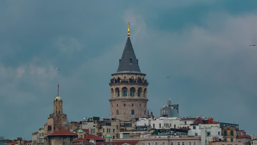 Galata Tower or Galata Kulesi timelapse 4k video. Visit Istanbul concept 4k footage.