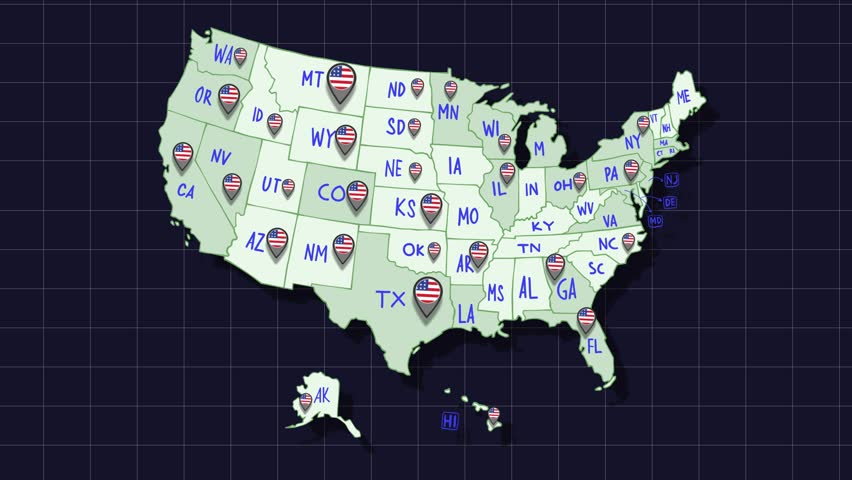 USA map pin point location animation background