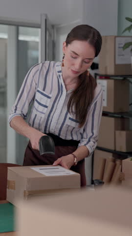Startup, scan and business woman with box for shipping, delivery and order in supply chain company. Ecommerce, fast fashion and person with barcode for package information, receipt and logistics