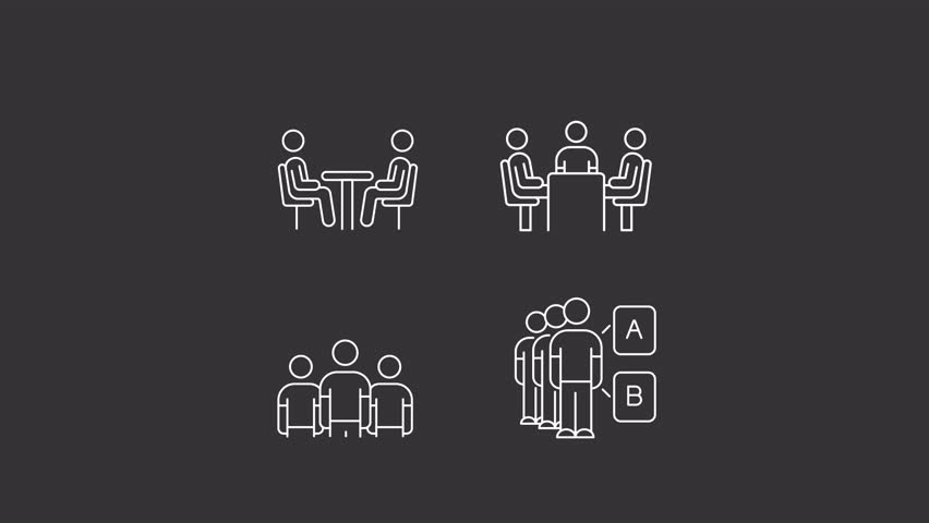 Team meeting animation library. Customers audience animated white line icons. Teamwork conversation, business. Isolated illustrations on dark background. Transition alpha. HD video. Icon pack