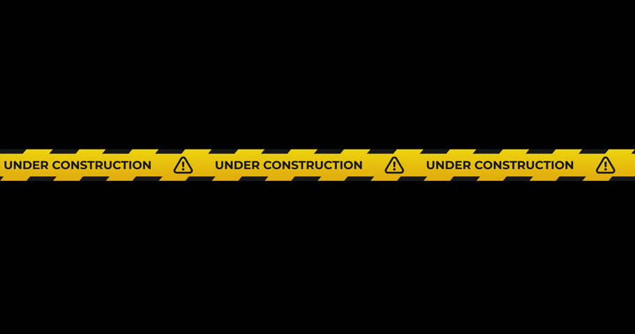 Under construction tape animation with yellow and black diagonal stripes. Warning danger tape. Transparent background with alpha channel