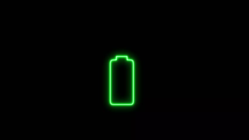 Neon battery charging icon animation on the black background. Glowing battery fast charging.