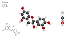 Catechin. Antioxidant. Flavonoid. Animated 3D model of a molecule. Molecular formula: C15H14O6. Chemical model: Ball and sticks. White background. 3D rendering. Seamless loop. - Powered by Shutterstock - Get 15% off with code: PIKWIZARD15