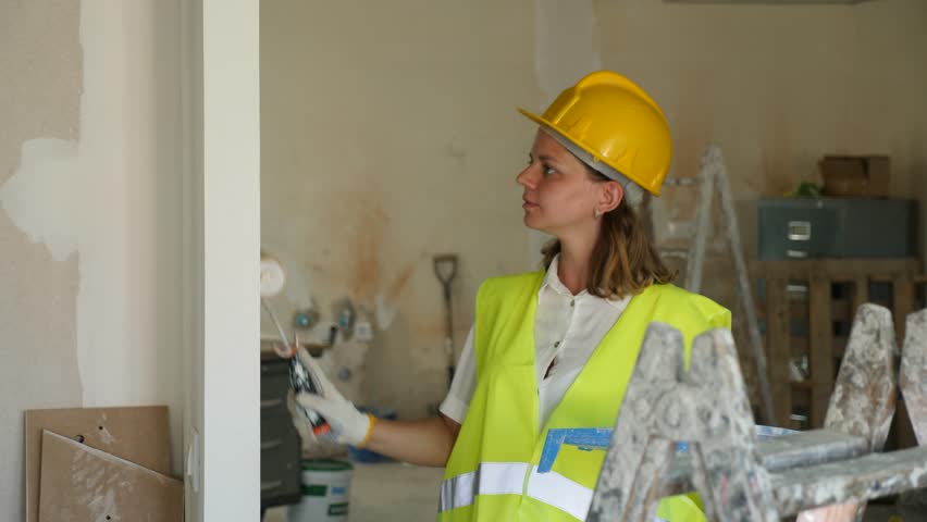 Professional female painter in protective helmet and yellow vest paints the walls with a paint roller. High quality 4k footage