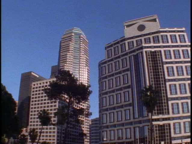 The downtown Los Angeles skyline of towering skyscrapers