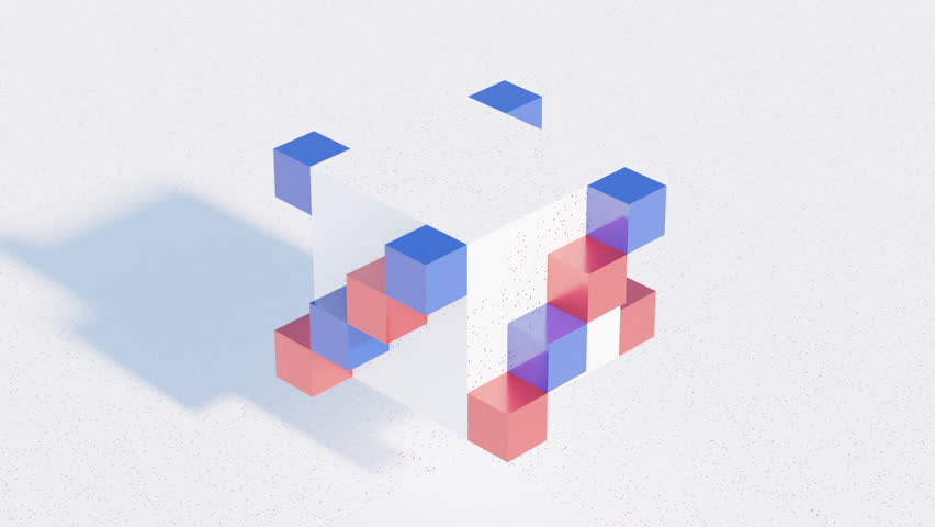 Dynamic 3D Animation Featuring Red and Blue Cubes in Modern Geometric Arrangements on a White Background for Stylish Backdrops and Creative Applications