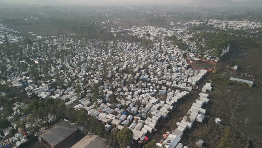 Aerial view of thousands of tents in a refugee camp in Kivu, Democratic Republic of the Congo