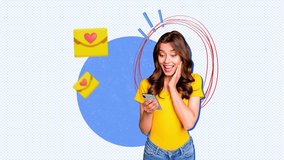 Motion creative art poster collage video of happy blogger girl hold phone letter notification like message valentine - Powered by Shutterstock - Get 15% off with code: PIKWIZARD15