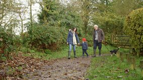 Mother with daughter and grandfather taking pet Spaniel dog on walk through autumn countryside - shot in slow motion - Powered by Shutterstock - Get 15% off with code: PIKWIZARD15