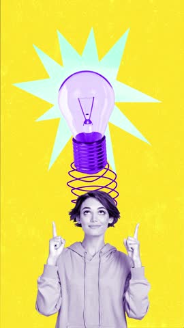 Trend motion collage video of happy girl point index fingers hands light bulb power blackout spark electricity plan