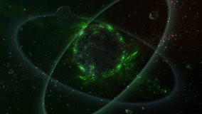 Enigmatic Alien World. Green Plasma Flames with Twin Rings and Shattered Moons. Asteroid Field. Distant Alien System. Uninhabited Planet with Three Suns. Space Nebula. Strange New Worlds. - Powered by Shutterstock - Get 15% off with code: PIKWIZARD15