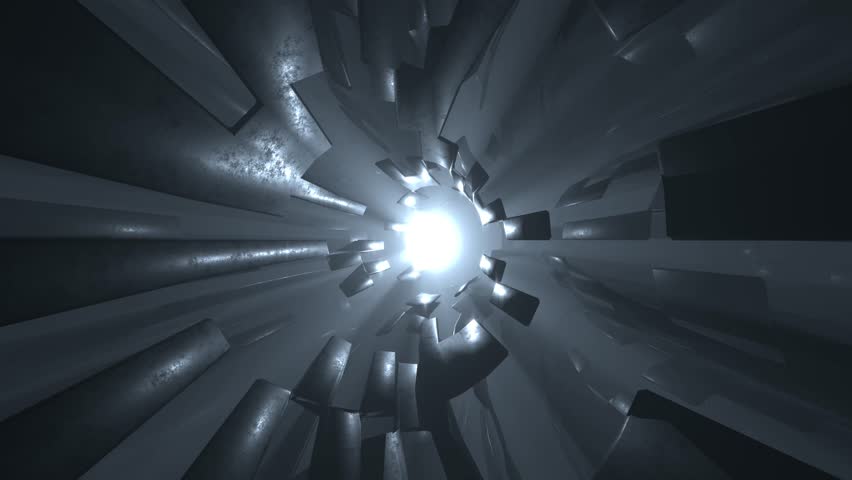 Abstract background with animation of fast moving in tunnel from steel plates. Magical glowing cold ball, reflections on steel surfaces Animation of seamless loop. 3D Illustration