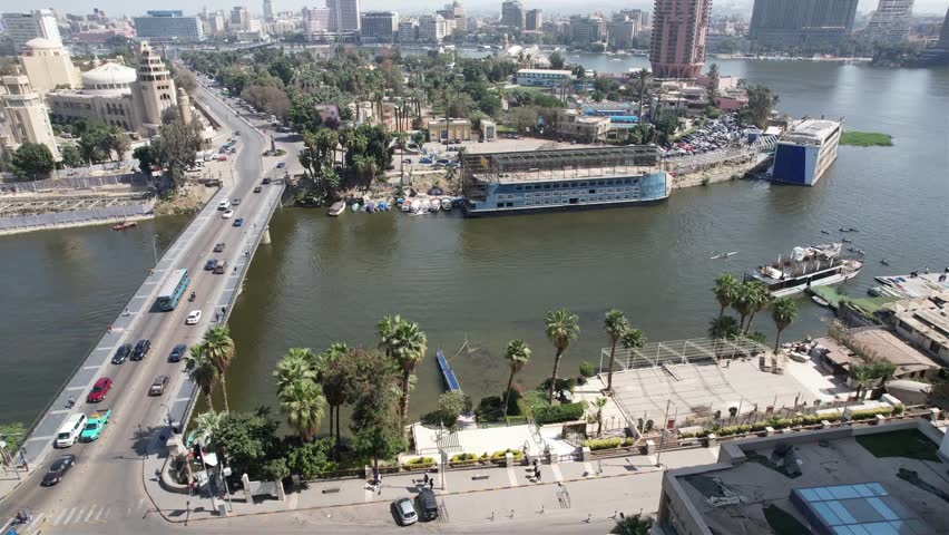 Aerial view of Cairo city skyline showing cairo tower. Panoramic view, Aerial of the Nile River meanders through Cairo City