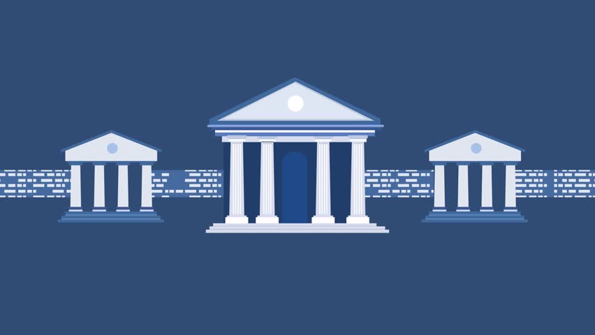 central banking system handling transactions records with banks technology animation