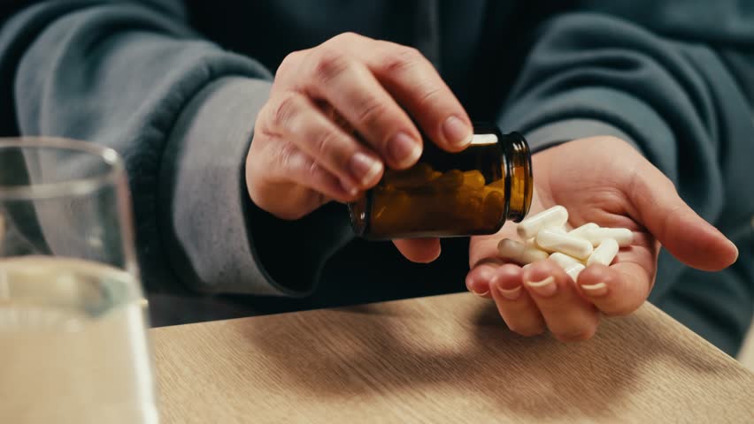 Pills and vitamins macro, Close up view of womans hands holding plenty of different drugs. Painkillers and antibiotics. Healthcare and medicine concept