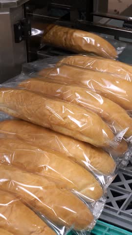 Worker Works on Bread Packaging Line. Loaves of bread being wrapped in clear film packaging at bread factory. Bread production. Food hygiene and safety. Bakery equipment. 
