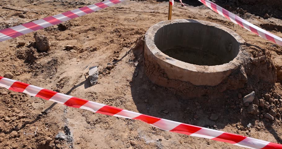 pit for laying different layers of materials before asphalting road , a white and red ribbon protects the dangerous place, a deep hole in the ground on the site of which a highway was started