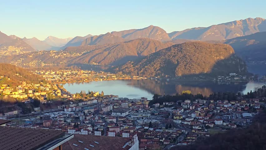 Aerial view of the Lake Lugano, the Monte Calasno and the cities of Cadegliano-Viconago (Italy) and Calasno (Switzerland)