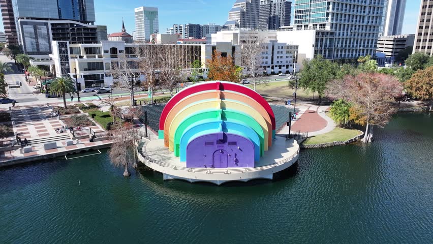 Eola Park At Orlando Florida United States. Birds Eye View Of Stunning Cityscape With Streets And Buildings. Town Sky Backgrounds Urban. Backgrounds Downtown Up Above. Orlando Florida.