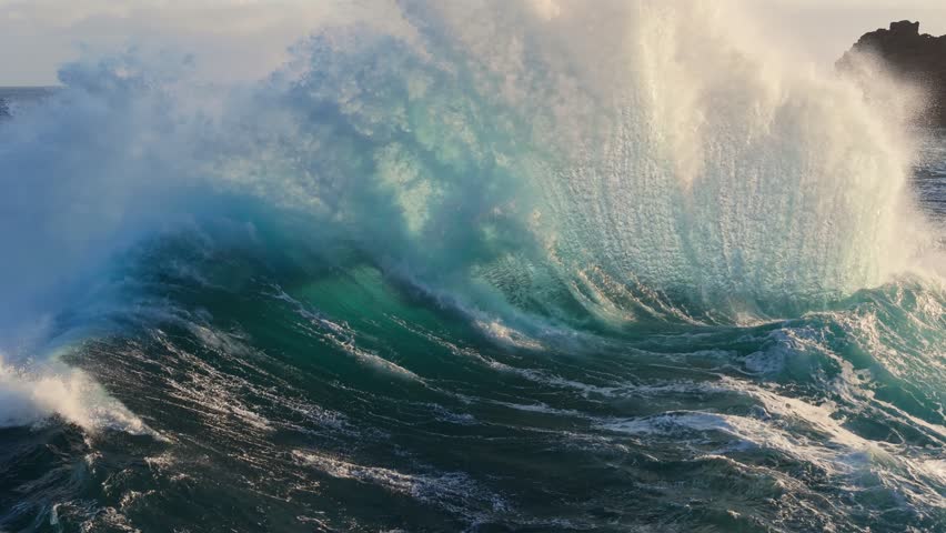 Slow motion epic shot of ocean wave splashing. Huge wave with turquoise water off the coast of the Atlantic Ocean. Big surf crash