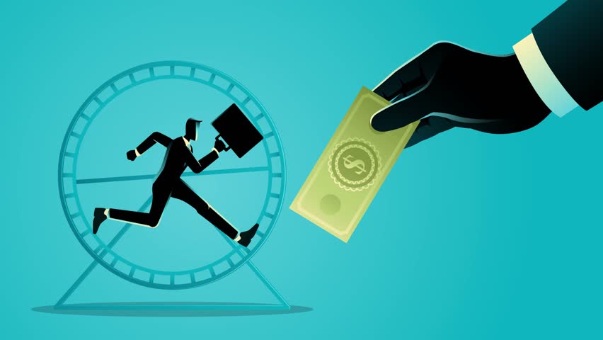 Businessman running on a hamster wheel, desperately reaching for dollars held by giant hands. Symbol of rat race, corporate exploitation, and the illusion of success through empty promises
