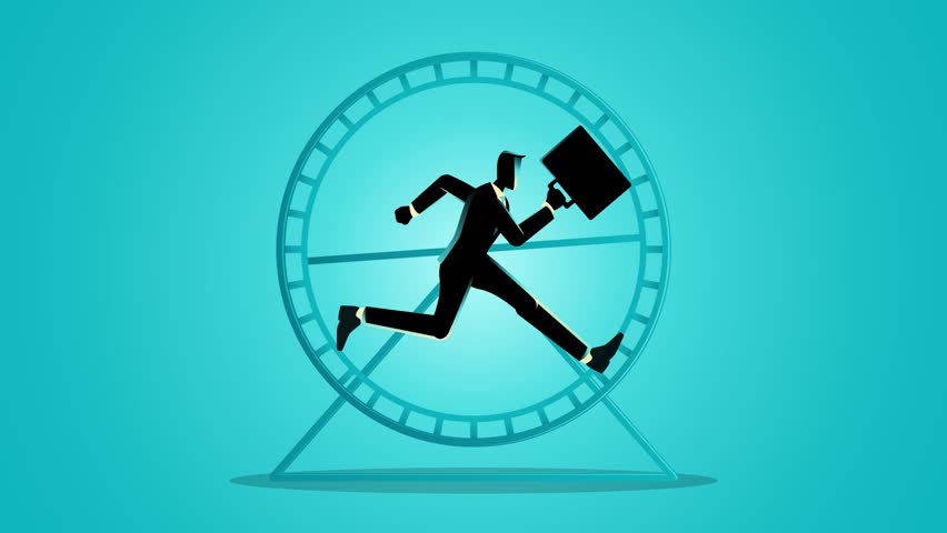 Businessmen competing in hamster wheels, symbolizing the endless cycle of the corporate rat race
