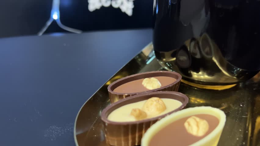 A vibrant assortment of colorful, handcrafted chocolates and sweets, arranged on a gold tray. The variety includes red, green, and dark chocolates, each with unique shapes and textures, creating a fes