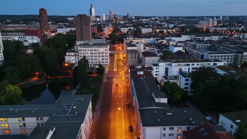 Drone shot of streets in Frankfurt at night, Germany