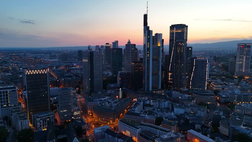 Aerial shot of banking district in Frankfurt city, Germany at night