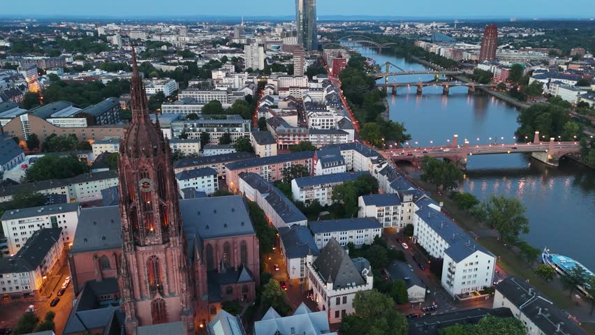 Aerial view of Frankfurt Cathedral at dusk, Frankfurt, Germany