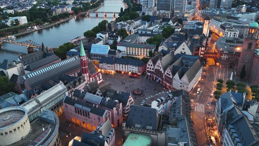 Aerial view of Romerberg at night, Frankfurt, Germany