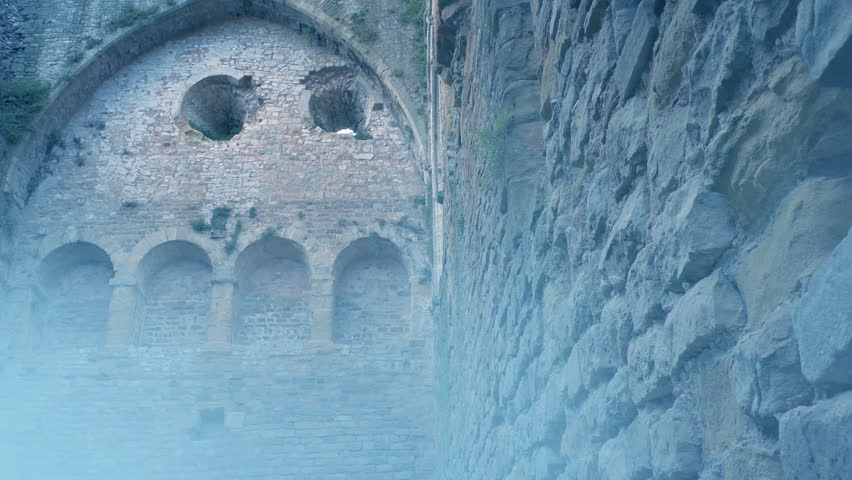 Grand Hall Of Ancient Building In The Mist
