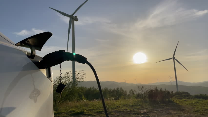 A Sleek Car Design Silhouetted Against a Beautiful Sunset Surrounded by Wind Turbines