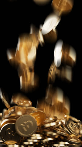 Vertical shot 3d animation golden pound sterling coins falling down and fill alpha channel screen. Concept savings financial growth, finance and banking, investment, betting game gambling, bet casino