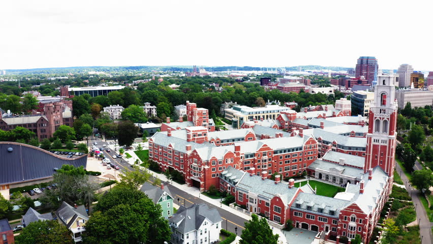 Aerial fly-in capturing the intricate architecture of New Haven
