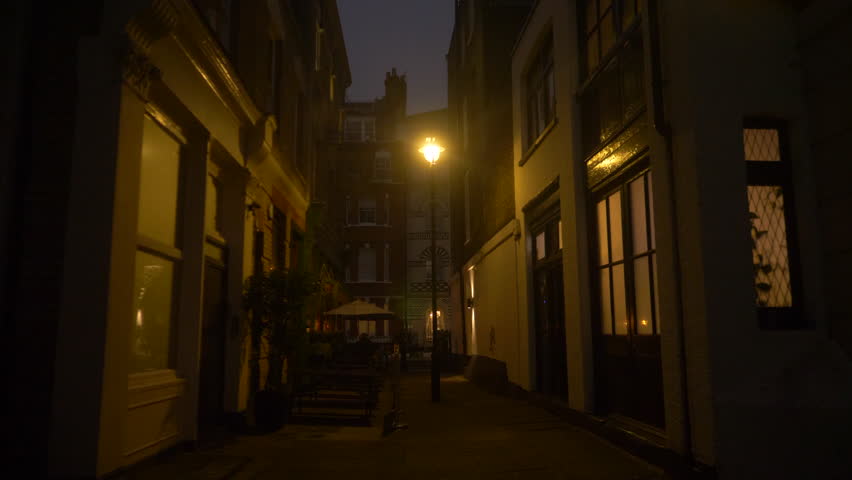 Old London Street at Night Moving through with Old Victorian Lamp