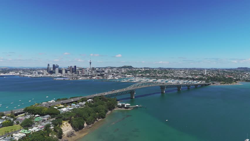 Aerial view of the Harbour Bridge of Auckland with the city