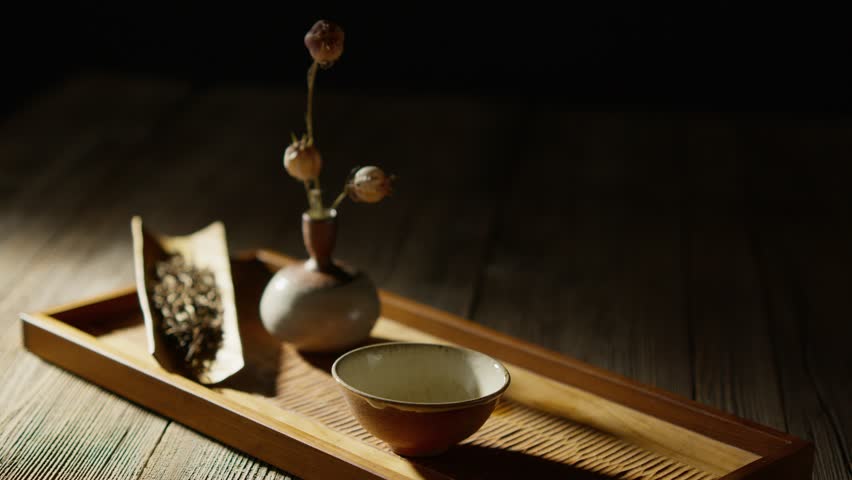 Warm Tea Being Poured, Traditional Tea Ceremony on Wooden Table