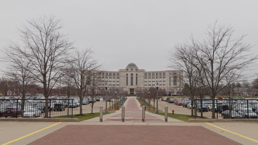 Michigan Hall of Justice and State Supreme Court Building in Lansing, Michigan with wide shot stable video.