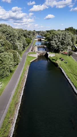Drone view of Chambly channel, fort, yacht dock